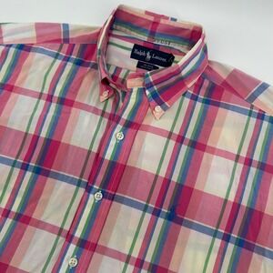 Ralph Lauren Blake Mens Pink Plaid Short Sleeve Button Down Shirt Size M Cotton